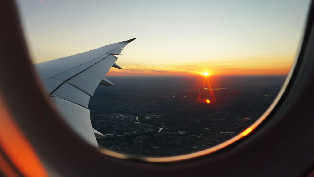 Beautiful sunset view seen from airplane window during flights